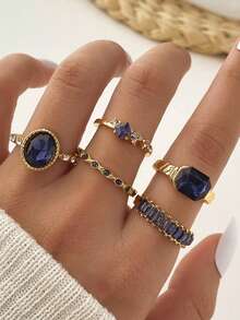 5pcs/Set Retro High-End Faux Gemstone Ring Set, Dark Purple - Gold - View 2