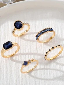 5pcs/Set Retro High-End Faux Gemstone Ring Set, Dark Purple - Gold - View 3