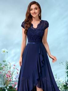 MIUSOL Vestido largo de fiesta de noche de gasa con cuello en V, encaje floral y volantes - Azul Marino - Ver 7