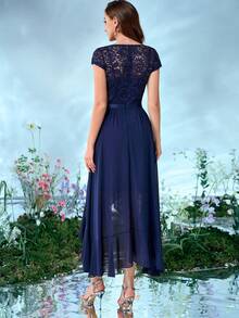 MIUSOL Vestido largo de fiesta de noche de gasa con cuello en V, encaje floral y volantes - Azul Marino - Ver 3