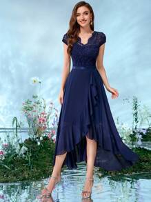 MIUSOL Vestido largo de fiesta de noche de gasa con cuello en V, encaje floral y volantes - Azul Marino - Ver 4