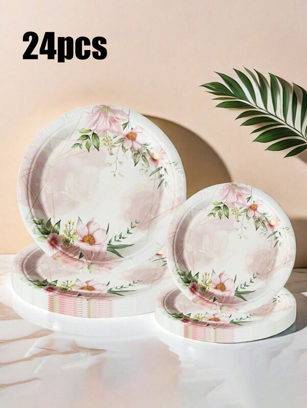 1 set de 24 pièces, plateaux en papier non revêtu, set de couverts, assiettes, mouchoirs, gobelets en papier sur le thème de la fête et de l'anniversaire. Décorations pour la maison, fournitures pour les fêtes. À utiliser pour les anniversaires, pique-niques, camping, fêtes, Noël, cadeaux, surprises, amour maternel pour les enfants, cadeaux pour enfants. Assiettes sur le thème des fleurs, assiettes en papier jetables, 100% compostables, assiettes sur le thème du rose, assiettes à gâteau, assiettes, assiettes à dessert, cadeaux de fête, décorations de fête,