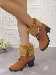 Women's Fashion Versatile Fluffy Panel Metal Buckle Decor Round Toe Ankle Boots, Chunky Heel, Elegant Style, Leather Material, Classic Short Boots, Autumn Winter