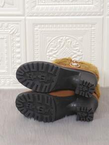 Women's Fashion Versatile Fluffy Panel Metal Buckle Decor Round Toe Ankle Boots, Chunky Heel, Elegant Style, Leather Material, Classic Short Boots, Autumn Winter