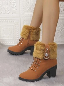 Women's Fashion Versatile Fluffy Panel Metal Buckle Decor Round Toe Ankle Boots, Chunky Heel, Elegant Style, Leather Material, Classic Short Boots, Autumn Winter