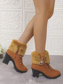Women's Fashion Versatile Fluffy Panel Metal Buckle Decor Round Toe Ankle Boots, Chunky Heel, Elegant Style, Leather Material, Classic Short Boots, Autumn Winter