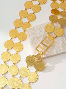 1 pieza Cinturón para la cintura decorado con moneda chapada en oro cobre para mujeres, abaya turca, joyería corporal para fiesta de boda árabe - Dorado - Ver 3