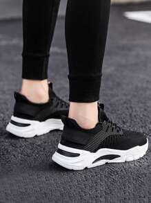 Color sólido de malla transpirable Zapatillas de deporte de los hombres,Cómodo Shallow zapatillas de deporte de encaje,Punta redonda de fondo plano Pareja de zapatos de tenis,Adecuado para al aire libre, ciclismo, entrenamiento, fitness, fiesta, fiesta, baile de la calle, los viajes y el desgaste diario. - Negro - Ver 9