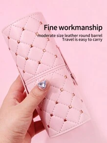 High-Grade Pu Black Makeup Brush Storage Tube Rhinestone & Square Grid & Stud Pattern Small Makeup Brush Holder, Multifunctional Nail Brush Storage Pen Holder - Pink - View 5