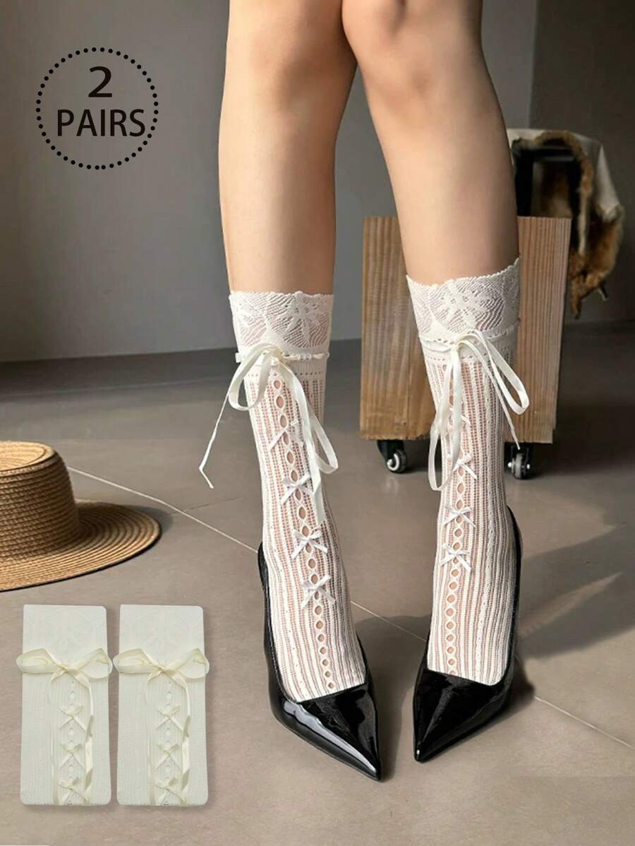 2 pares de calcetines hasta la rodilla con encaje y lazo al estilo lolita para mujeres, calentadores de piernas para primavera y verano para combinar con zapatos de maryjane y mocasines, otoño