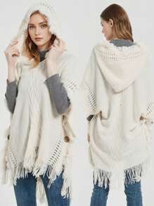 1pc Solid Color Women Hooded Tasseled Cape, Fashionable Hooded Shawl Suitable For Daily Wear - Multicolor - View 12