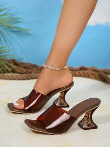 女士夏季新款高跟拖鞋，优雅透明高跟凉鞋，时尚不对称水晶高跟凉鞋，适合晚会、聚会、舞会、派对、婚礼、办公室等场合，与女装搭配 - 咖啡棕 - 查看 3