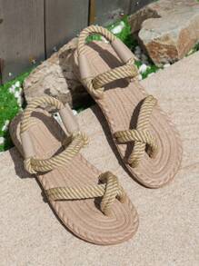 Women's Flat Rope Sandals, Twisted Braid Design, Comfortable Slip-On, Open Toe, Summer