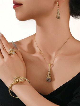 Fashion New Design Hypoallergenic 18k Jewelry Set, Women Party Wedding Gathering Zirconia Jewelry Set