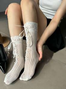 2 pares de calcetines hasta la rodilla con encaje y lazo al estilo lolita para mujeres, calentadores de piernas para primavera y verano para combinar con zapatos de maryjane y mocasines, otoño