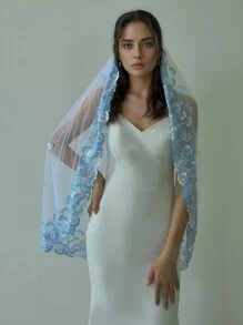 1 chiếc khăn voan cô dâu viền ren màu xanh lam có đính hoa ngọc trai, mũ đội đầu cưới thanh lịch cho trang phục dự tiệc mùa thu dành cho phụ nữ - trắng - Xem 1