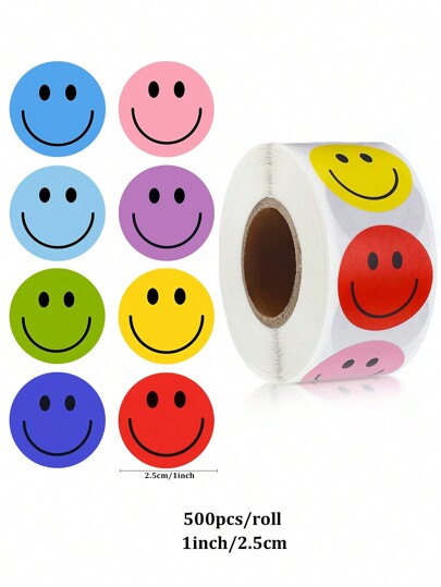 500pz/Rotolo Graziosi adesivi a forma di faccina sorridente, adesivi doodle autoadesivi, adesivi per ricompensa e incoraggiamento, adesivi per sigillare buste regalo, adesivi in PVC impermeabili, accessori scolastici, articoli per back to school