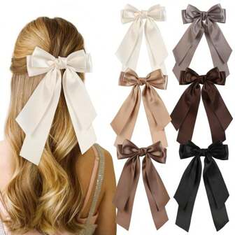 1/6pcs Bow Hair Clip, Women Bow Hair Sliding Metal Hair Clip, Long Tail Ribbon Hairband Ponytail Accessories