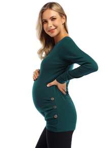 Lxt-Maternity Shirt Side Button And Ruched Maternity Tunic Tops Maternity Long Sleeve T-Shirts - Dark Green - View 5