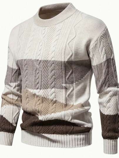 男式拼色保暖圆领长袖针织毛衣