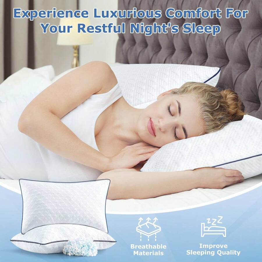 2/4 Pcs Adjustable Bed Pillows Ergonomic Support, Shredded Memory Foam Pillows Queen/King/Standard Size For Side Back Stomach Sleepers - Luxury Gel Pillows Hotel Pillows With Washable Removable Cover