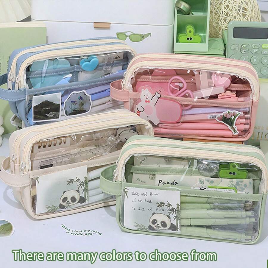 三层大容量透明铅笔盒，新款莫兰迪风格铅笔盒，适合女生使用，学生适用 - 彩色 - 查看 1