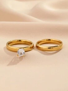 2 Stücke/Set einfache 4MM Zirkonia Dekor Edelstahl Ring für Frauen
