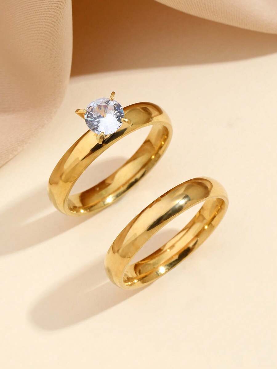 2 Stücke/Set einfache 4MM Zirkonia Dekor Edelstahl Ring für Frauen