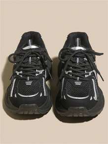 女士银色厚底运动鞋，2025年春季新款时尚、轻便、厚底、百搭、透气网眼休闲运动鞋 - 黑色 - 查看 5