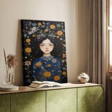 WOMEN-CDLIV -Premium Gallery Wrapped Canvas  - Ready To Hang 1pc Wooden Framed Wall Art, Beautiful Lady , Fantasy Woman In A Wood CarvingBlue And Gold Colors,  Wrapped Canvas Prints Poster, Hanging Hardware Included, Birthday Party Decor, Mother's Day New Year Easter Gift, , Home Living Room Office Wall Decor, Perfect Gift And Home Decoration And Room Decor