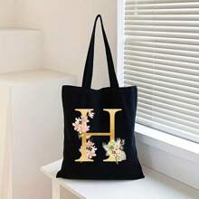 Sacola de Lona Preta Personalizada com Estampa Floral Dourada de Letra A-Z, Sacola de Compras da Moda, Bolsa de Uso Diário, Presente de Aniversário para Mulheres, Presente para Namorada, Lembrança Personalizada de Dama de Honra