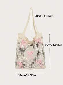 Tropiscape Y2k Bag Baby Pink Bows Pattern Knitted Handbag Foldable Hollow Out Design Crochet Bag Medium Vacation Beige Beach Travel Bag Large Capacity Knitted Hobo Handbag Winter Gifts - Beige - View 11