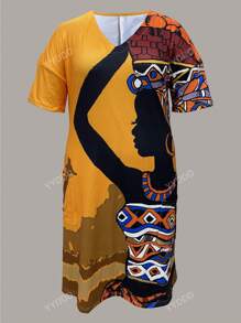 Plus Size Stylish Printed V-Neck Vacation Style Dress With Pockets, For Summer