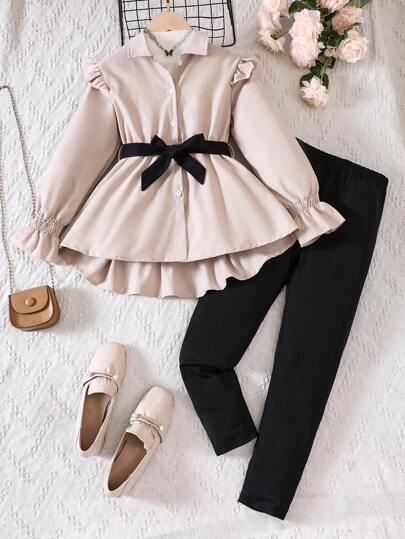 2pcs Tween Girl Ruffle Trim Jacket & Solid Pants Set - Adorable Bow Belt, Perfect For Party, Fall Fashion Outfit Gift