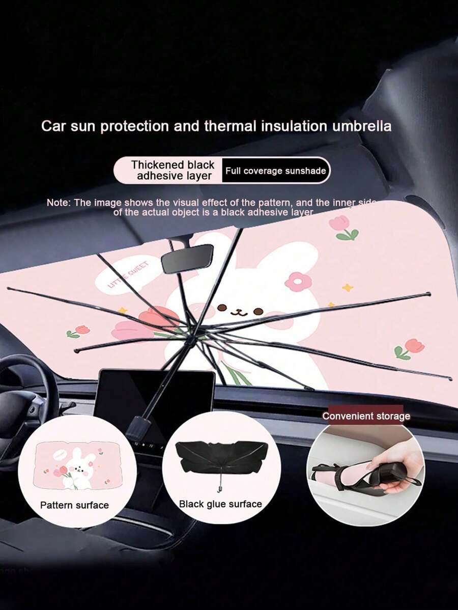 1PC Summer Car Sun Shade Umbrella, Creative Retractable Sunshade With Heat Insulation, Cartoon Bear & Rabbit Car Sun Visor - One Size Fits All - View 1
