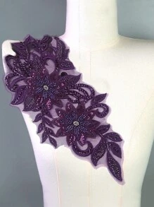 31 cm X 16 cm Đầy màu sắc thêu 3D đính cườm, vải tuyn ren trang trí trang trí cho váy cưới DIY, trang phục biểu diễn - Màu tím - Xem 4