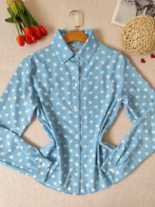 Women's Polka Dot Dress Shirt Long Sleeve Crepe Fabric - 藍色 - 查看 1