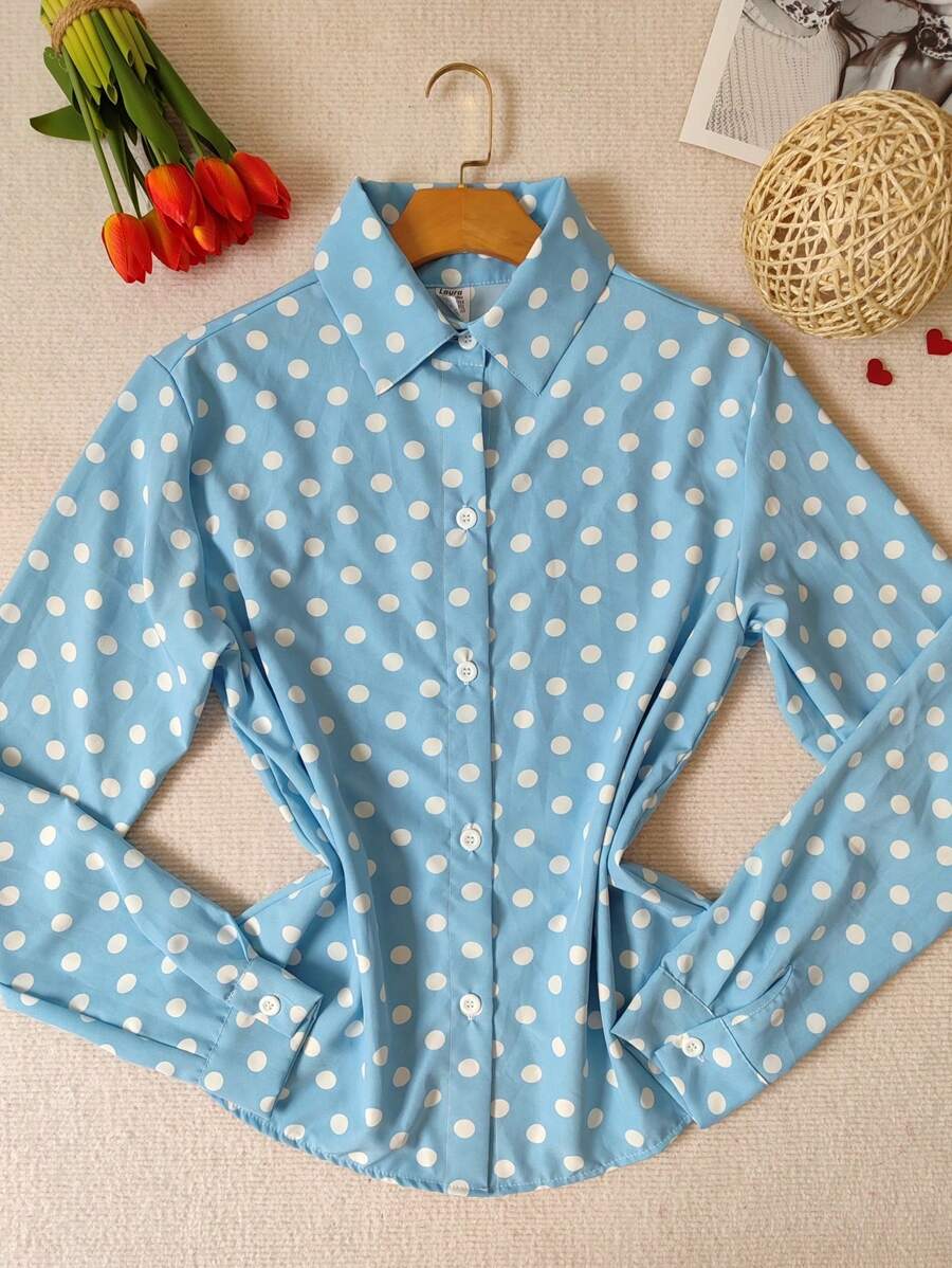 Women's Polka Dot Dress Shirt Long Sleeve Crepe Fabric - 藍色 - 查看 1
