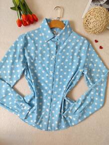 Women's Polka Dot Dress Shirt Long Sleeve Crepe Fabric - 藍色 - 查看 3