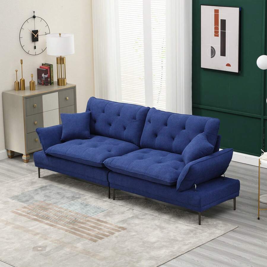 102.36" Overstuffed Tufted Upholstered Couch Cloud Futon Sofa Bed, Modern Adjustable Armrests 3 Seater Couch Loveseat Sofa, Convertible Sleeper Sofabed Couches For Living Room Office Apartment - 藍色 - 查看 1