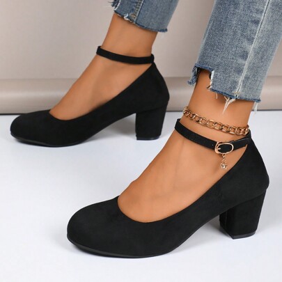 Fall/Winter 2025 Women's Casual Buckle Decor Solid Round Toe Comfy Heeled Shoes,Women Pumps
