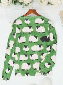 Suéter de Tricô Feminino de Manga Longa e Decote Redondo com Estampa de Ovelha, Casual, Outono/Inverno