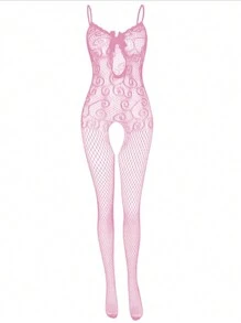 1 件女式性感网眼渔网紧身衣长袜，性感连体衣，带蝴蝶结肩带和胸部镂空，内衣，开裆渔网袜紧身衣，兔女郎服装，制服诱惑，狂欢 - 粉色 - 查看 9