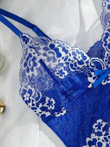 Women's Spaghetti Strap Lace Contrast Color Backless Bra And Panty Lingerie Set, Rave