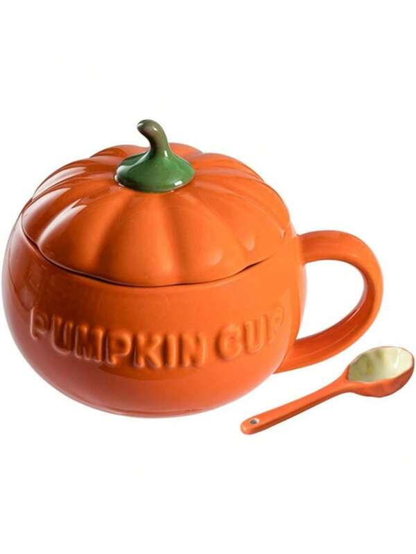 1pc Pumpkin-Shaped Ceramic Coffee Mug, Reusable Pumpkin Teacup With Handle, Pumpkin Themed Couple Mug, Orange Tableware Set With 1 Spoon Halloween Party Back To School