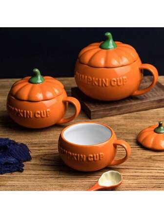 1 pieza Taza de café de cerámica con forma de calabaza, taza de té reutilizable con asa con diseño de calabaza, taza para pareja con tema de calabaza, conjunto de vajilla naranja con 1 cuchara para fiesta de Halloween y vuelta al cole