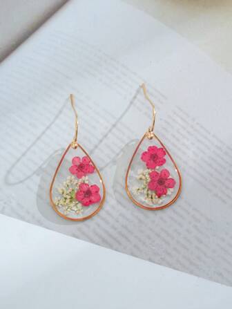 1pair Teardrop Resin Dried Flower Stud Earrings For Women, Daily Wear Valentines,Mom,Mother,Mother's Day,Gift