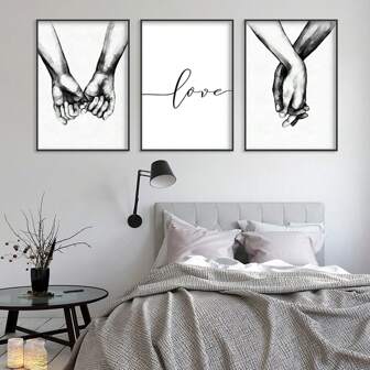3 Pcs/Set Hand In Hand Sweet Love Minimalist Home Decoration Wall Art Poster Canvas Print For Living Room Bedroom 3 Sizes Gifts Birthday Graduation