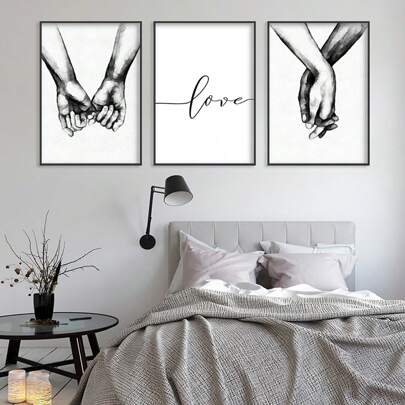 3 Pcs/Set Hand In Hand Sweet Love Minimalist Home Decoration Wall Art Poster Canvas Print For Living Room Bedroom 3 Sizes Gifts Birthday Graduation