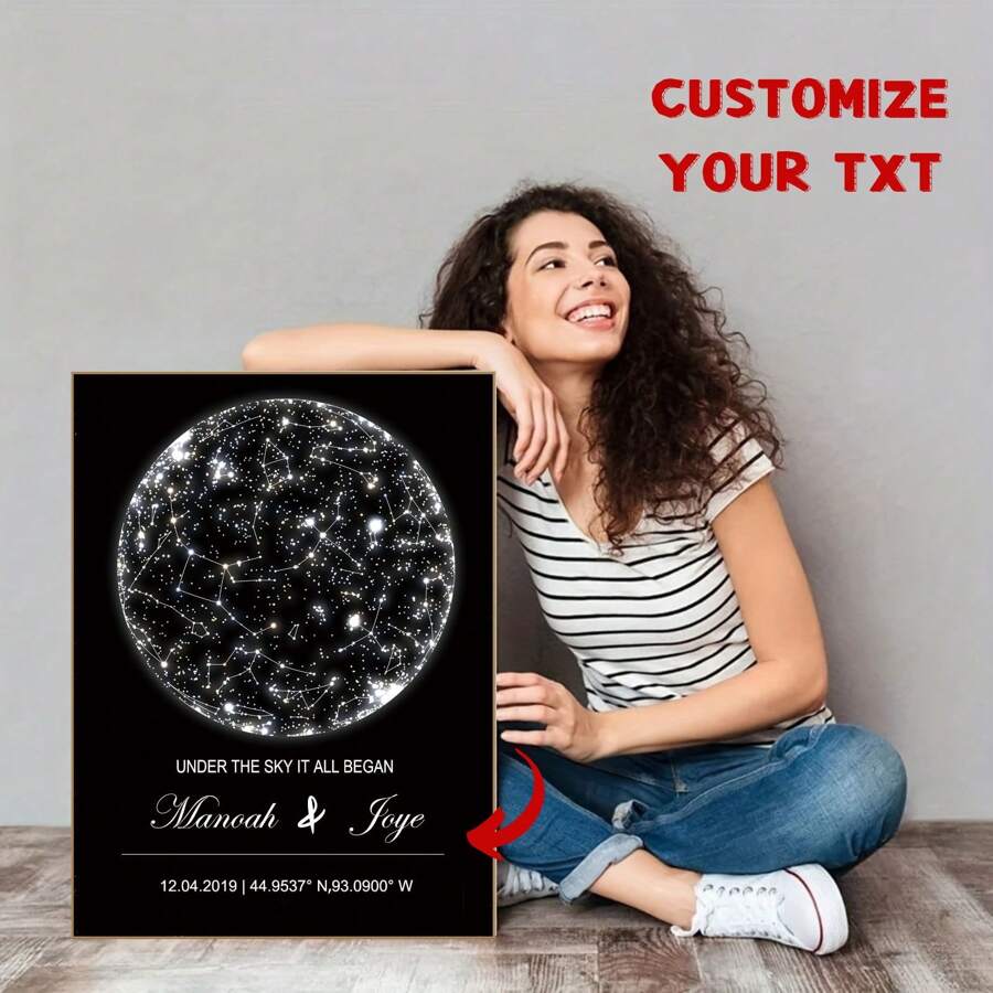 1 件定制个性化星图 - 针对特定日期/名称的定制星图艺术印刷、个性化夜空星座纪念品、星图、星座壁画、情人节礼物、母亲节特别礼物或婚礼、新婚夫妇、周年纪念、生日、订婚等的礼物、情人节、情人节装饰 - 款式1 - 查看 1